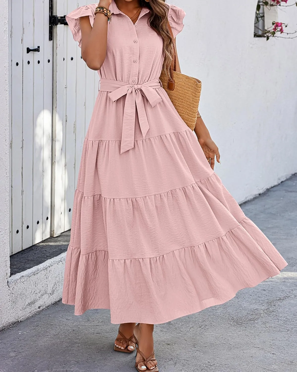 dowerme Women's Summer Casual Dresses 2025 Cap Ruffle Sleeve V Neck Button Belted Tiered Boho Maxi Dress with Pockets