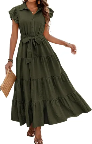 dowerme Women's Summer Casual Dresses 2025 Cap Ruffle Sleeve V Neck Button Belted Tiered Boho Maxi Dress with Pockets