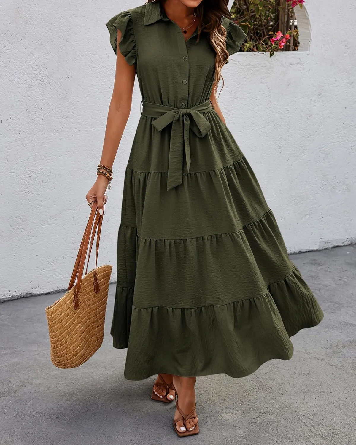dowerme Women's Summer Casual Dresses 2025 Cap Ruffle Sleeve V Neck Button Belted Tiered Boho Maxi Dress with Pockets