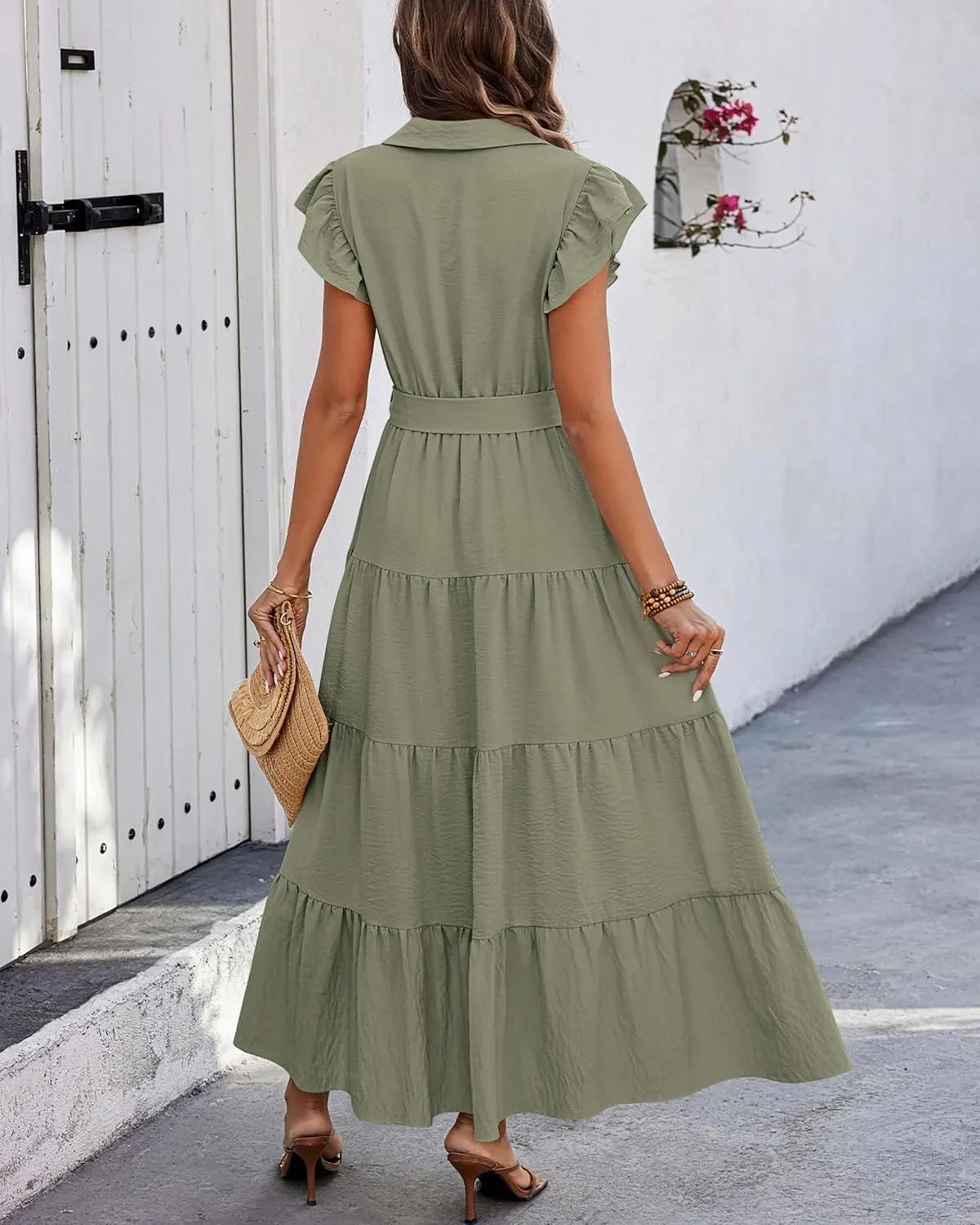 dowerme Women's Summer Casual Dresses 2025 Cap Ruffle Sleeve V Neck Button Belted Tiered Boho Maxi Dress with Pockets