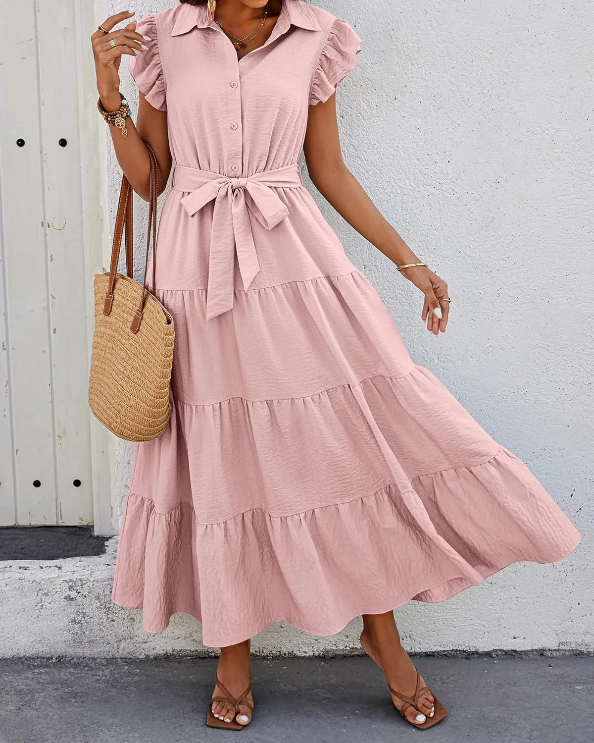 dowerme Women's Summer Casual Dresses 2025 Cap Ruffle Sleeve V Neck Button Belted Tiered Boho Maxi Dress with Pockets