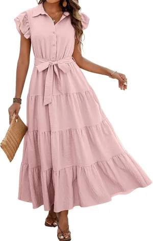 dowerme Women's Summer Casual Dresses 2025 Cap Ruffle Sleeve V Neck Button Belted Tiered Boho Maxi Dress with Pockets