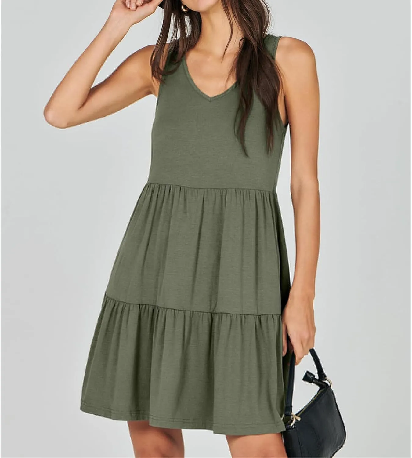 Dresses for Women Summer Fashion Sleeveless V Neck Ruffle Waist Mini Dress Solid Color Beach Vacation Sundress