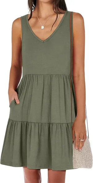 Dresses for Women Summer Fashion Sleeveless V Neck Ruffle Waist Mini Dress Solid Color Beach Vacation Sundress