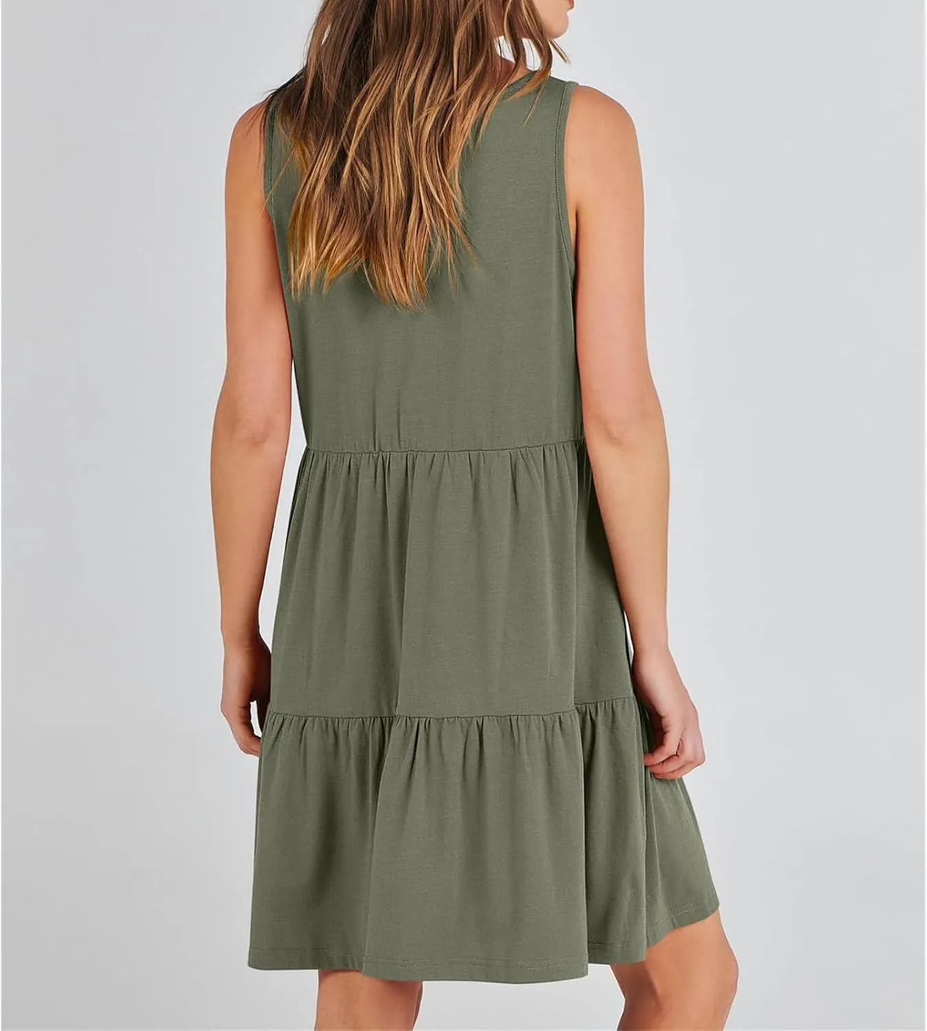 Dresses for Women Summer Fashion Sleeveless V Neck Ruffle Waist Mini Dress Solid Color Beach Vacation Sundress