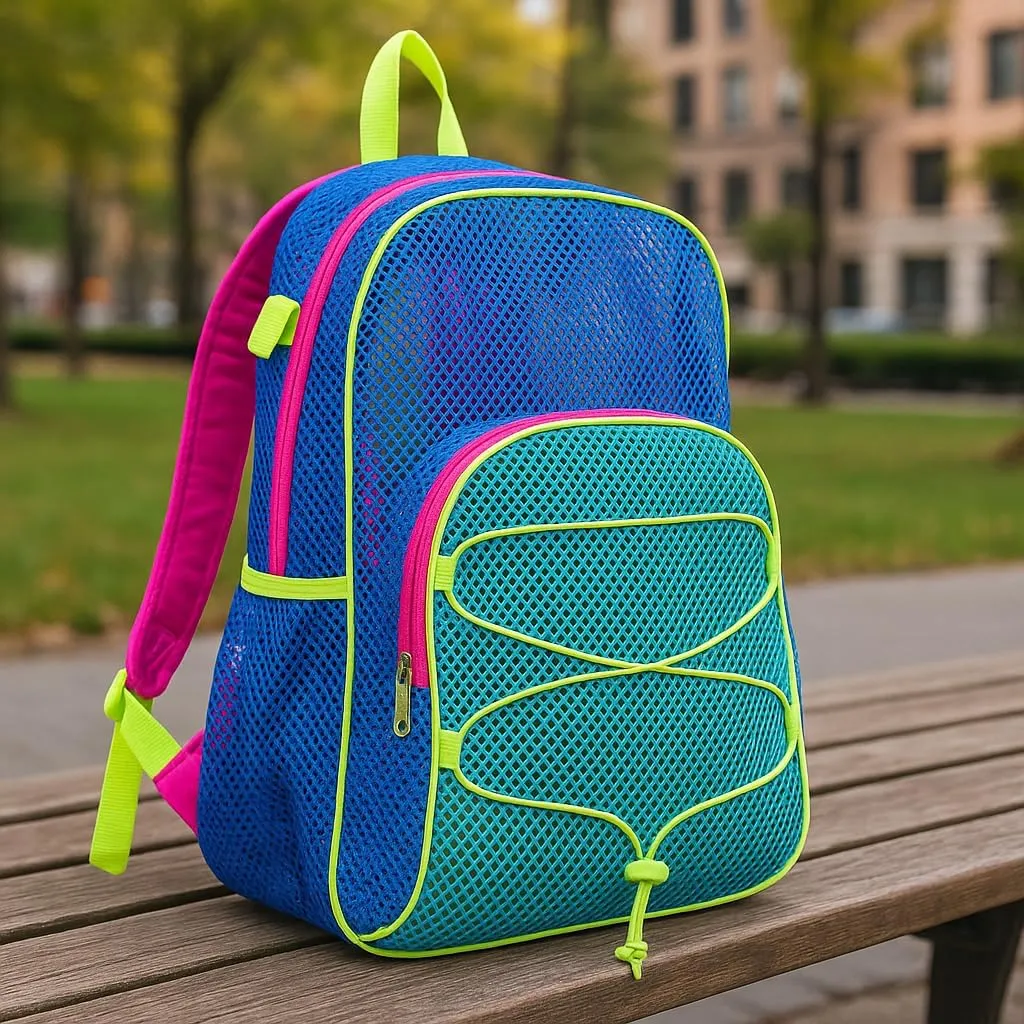 Eastsport DYB New Mesh Hiking Backpack Lightweight Bungee See Through for Travel, College, Swim, Gym Bag, 17.5 x 12.5 x 5.5 Inches Dynamic Blue Pink