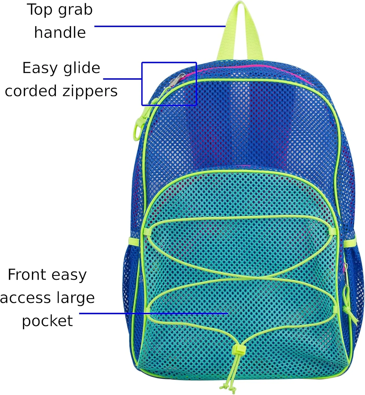 Eastsport DYB New Mesh Hiking Backpack Lightweight Bungee See Through for Travel, College, Swim, Gym Bag, 17.5 x 12.5 x 5.5 Inches Dynamic Blue Pink