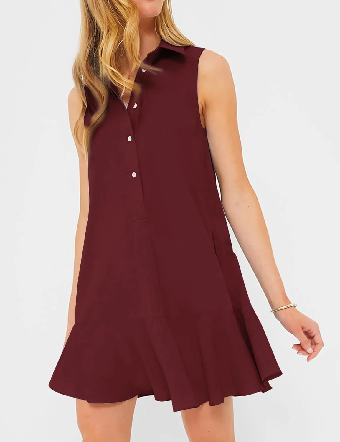 Eisctnd Womens Sleeveless Shirt Dress 2025 Ruffle Hem Cotton Tunic Tank Dress with Pocket Button Up Swing Shift Mini Dresses