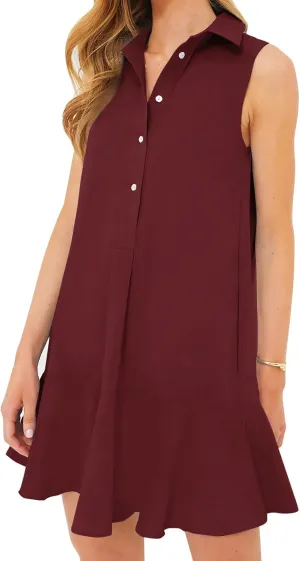 Eisctnd Womens Sleeveless Shirt Dress 2025 Ruffle Hem Cotton Tunic Tank Dress with Pocket Button Up Swing Shift Mini Dresses