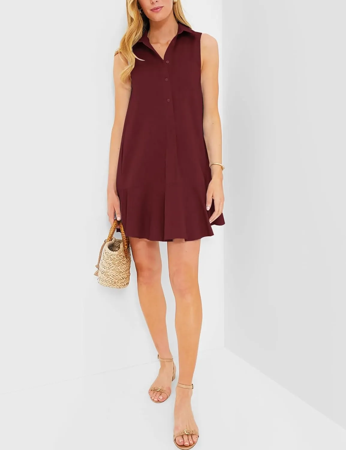 Eisctnd Womens Sleeveless Shirt Dress 2025 Ruffle Hem Cotton Tunic Tank Dress with Pocket Button Up Swing Shift Mini Dresses