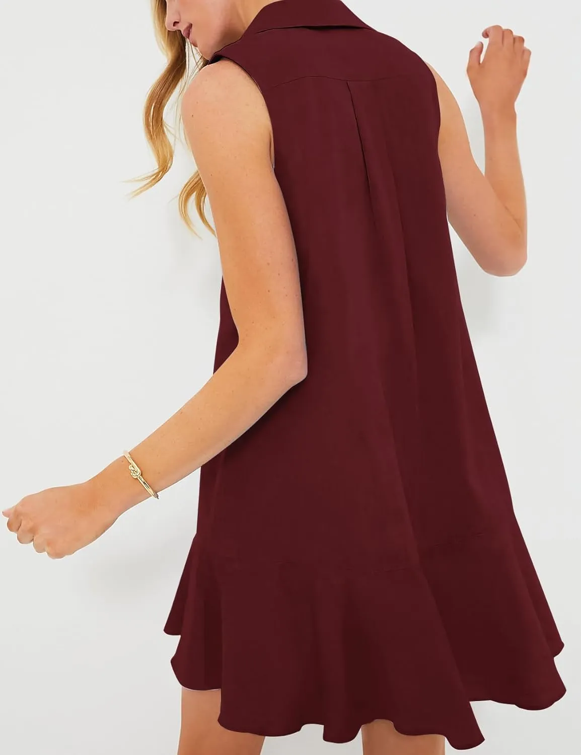 Eisctnd Womens Sleeveless Shirt Dress 2025 Ruffle Hem Cotton Tunic Tank Dress with Pocket Button Up Swing Shift Mini Dresses
