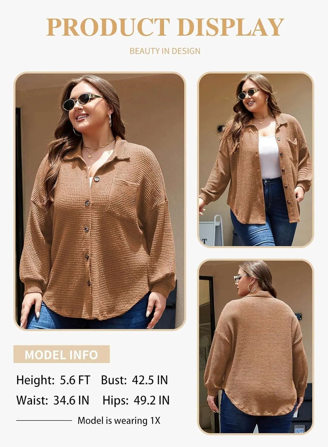 Eytino Womens Plus Size Boyfriend Shirts Casual Long Sleeve Button Down Oversized Waffle Knit Shacket Jacket(1X-5X)