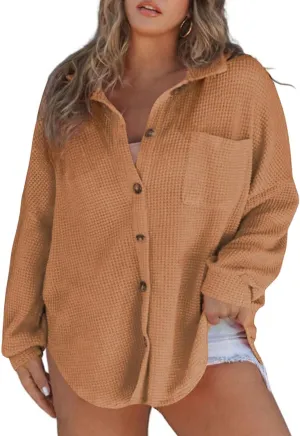 Eytino Womens Plus Size Boyfriend Shirts Casual Long Sleeve Button Down Oversized Waffle Knit Shacket Jacket(1X-5X)