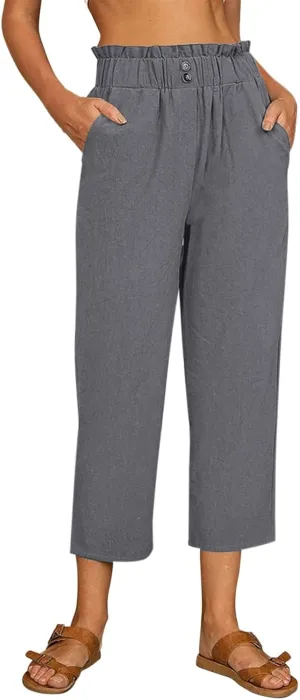 Fashion Women Summer Straight Pants Cotton Linen Trousers Casual High Elastic Waist Nine Point Slimming Pants