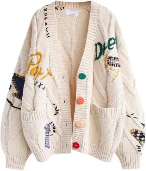FindThy Women's Embroidered Heart Cardigan Sweater Button-Down Knitted Graphic Cardigan Coat Y2K Sweater with Pockets
