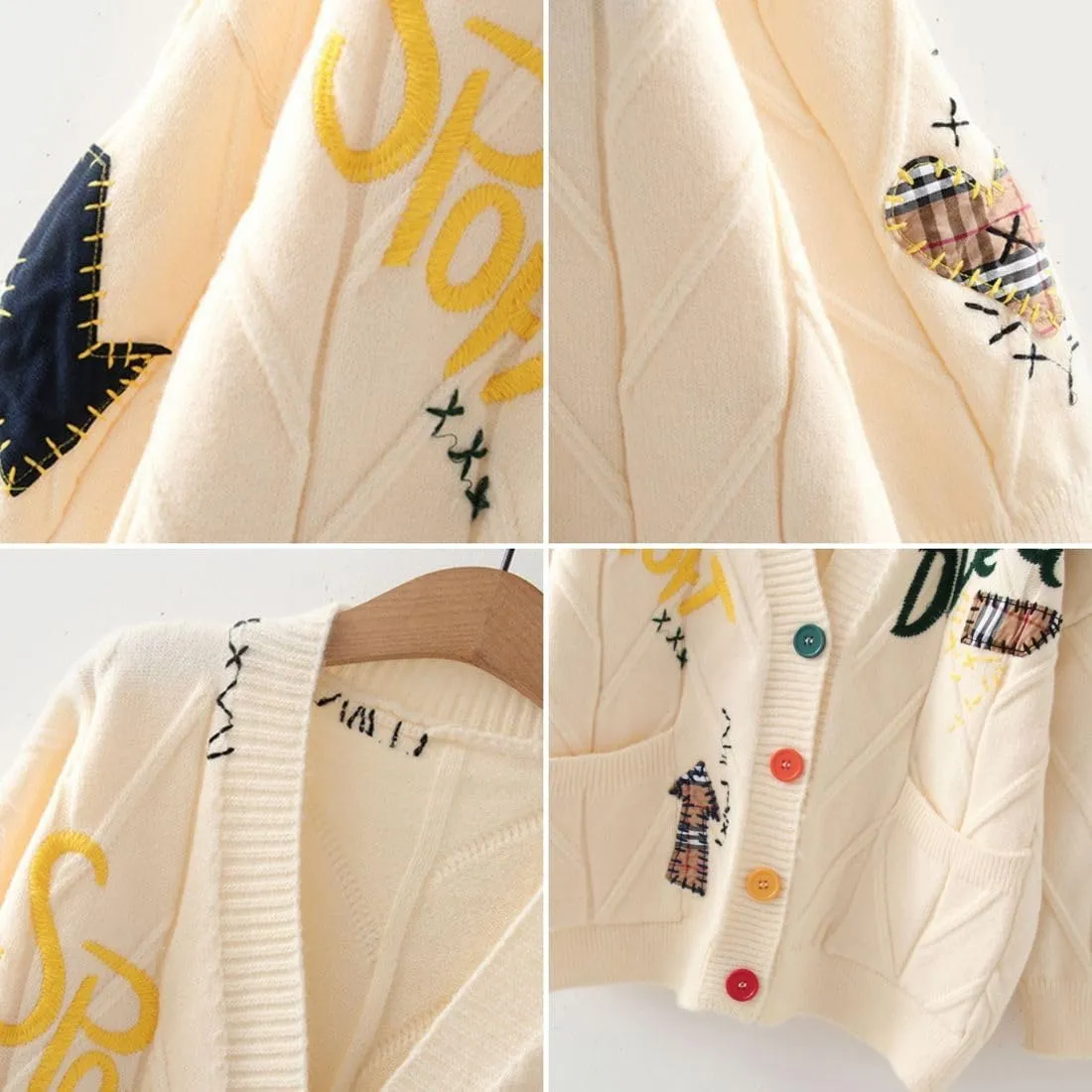 FindThy Women's Embroidered Heart Cardigan Sweater Button-Down Knitted Graphic Cardigan Coat Y2K Sweater with Pockets