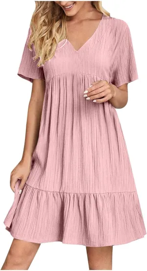 Finelylove Womens Summer Casual Mini Dress Short Sleeve V Neck A Line Sundress Ruffle Flowy Tiered Beach Vacation Dresses