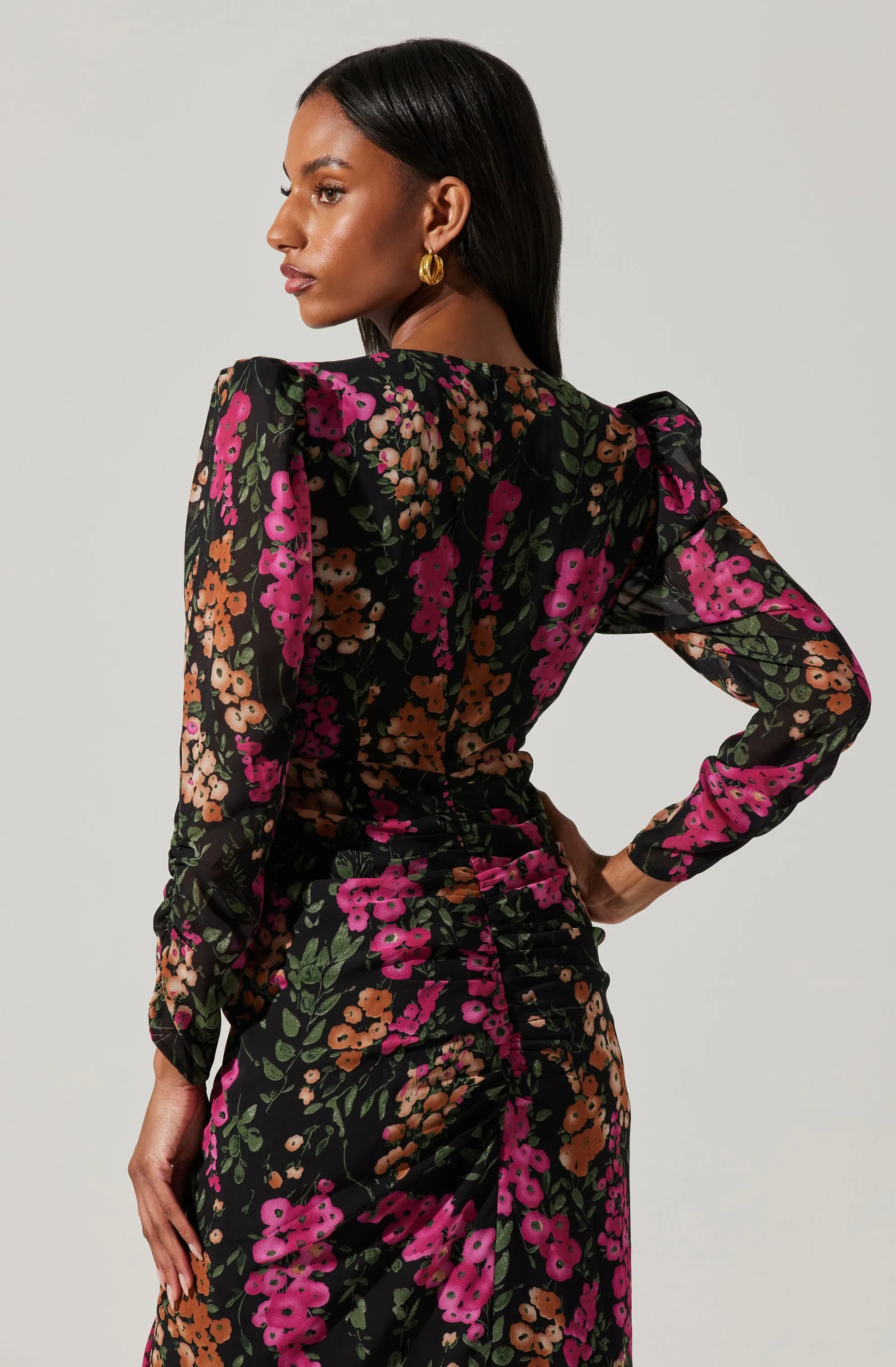 Floral Plunge Ruched Long Sleeve Midi Dress