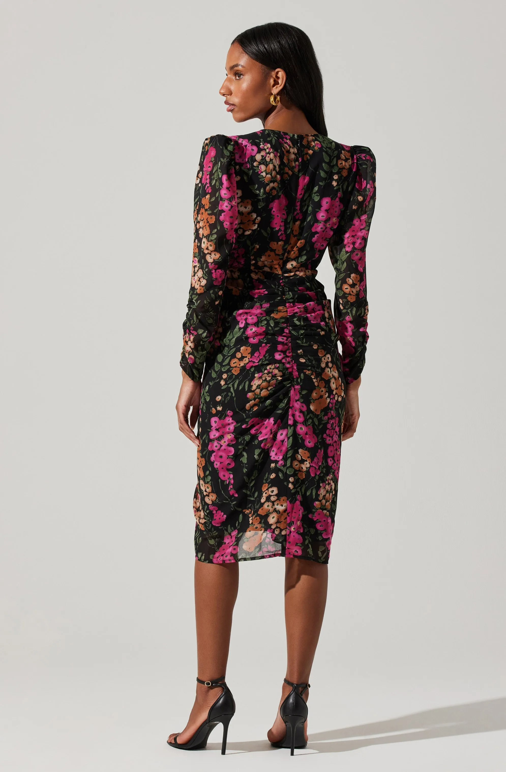 Floral Plunge Ruched Long Sleeve Midi Dress