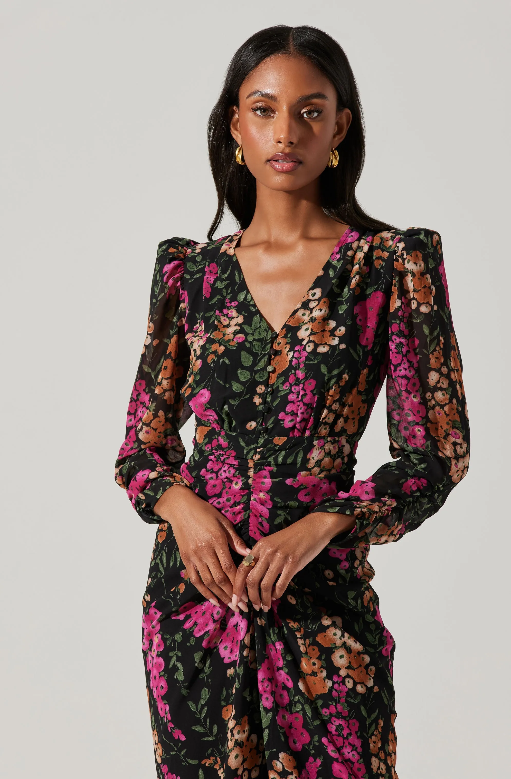 Floral Plunge Ruched Long Sleeve Midi Dress