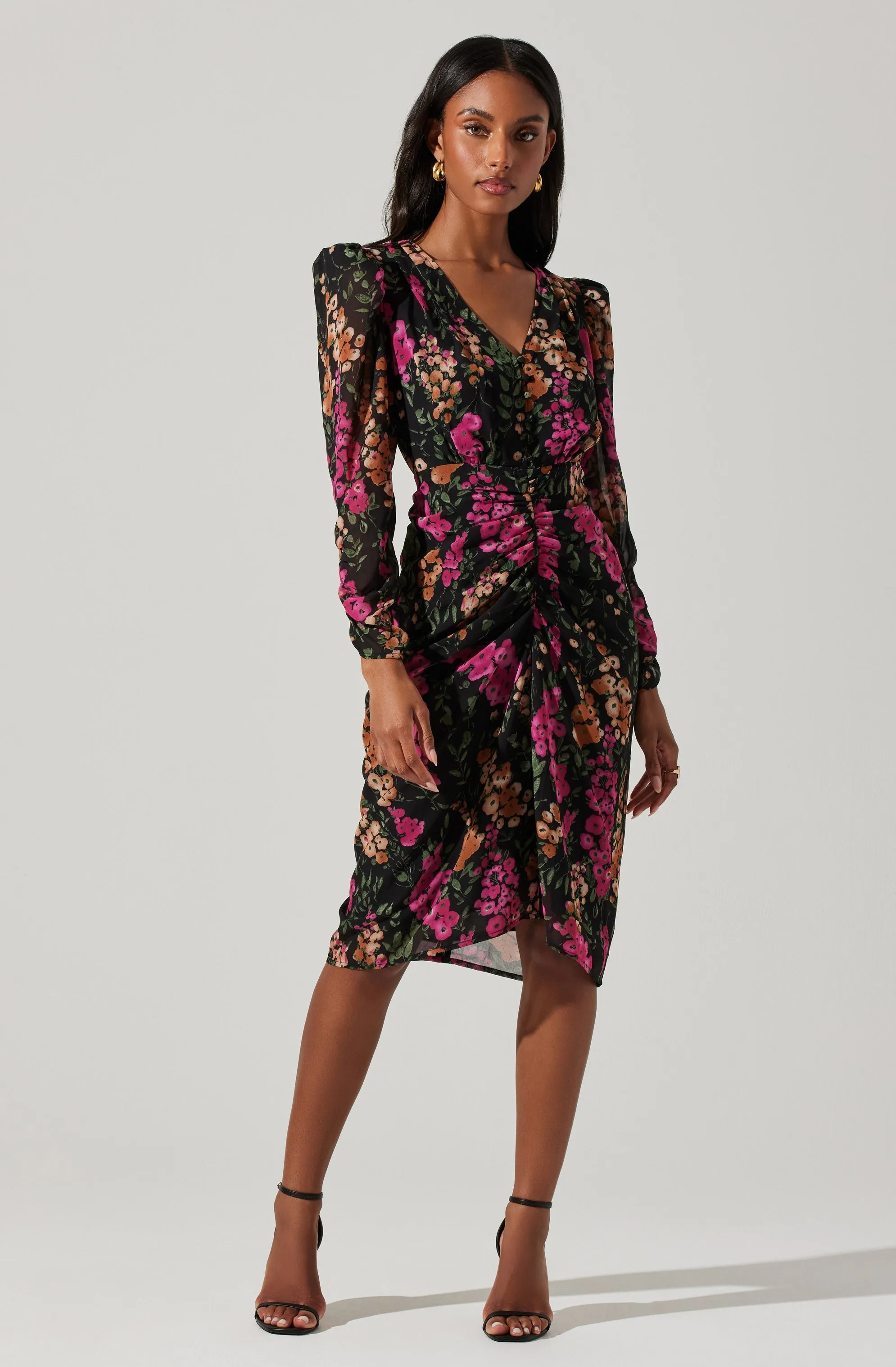 Floral Plunge Ruched Long Sleeve Midi Dress