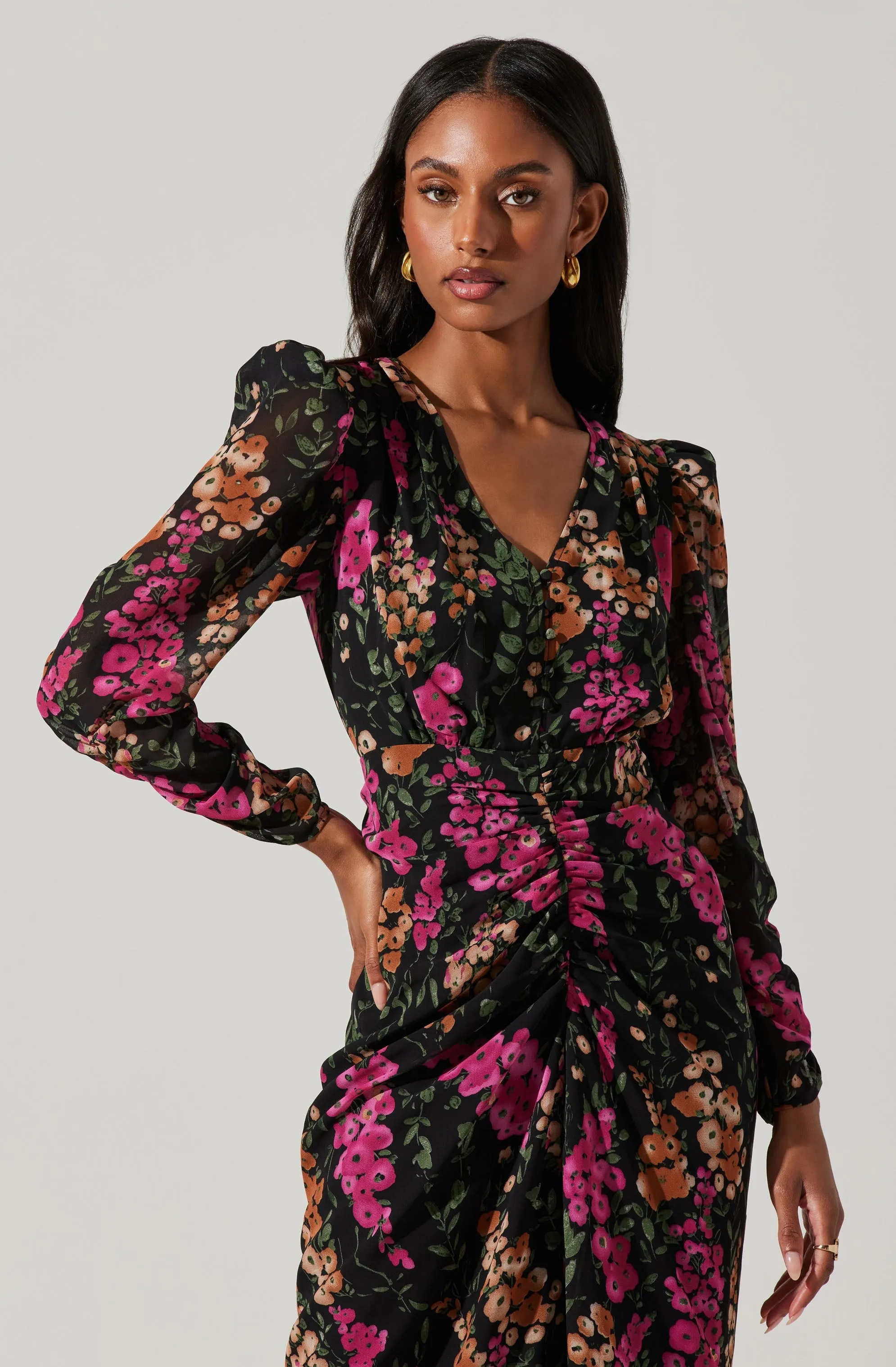 Floral Plunge Ruched Long Sleeve Midi Dress