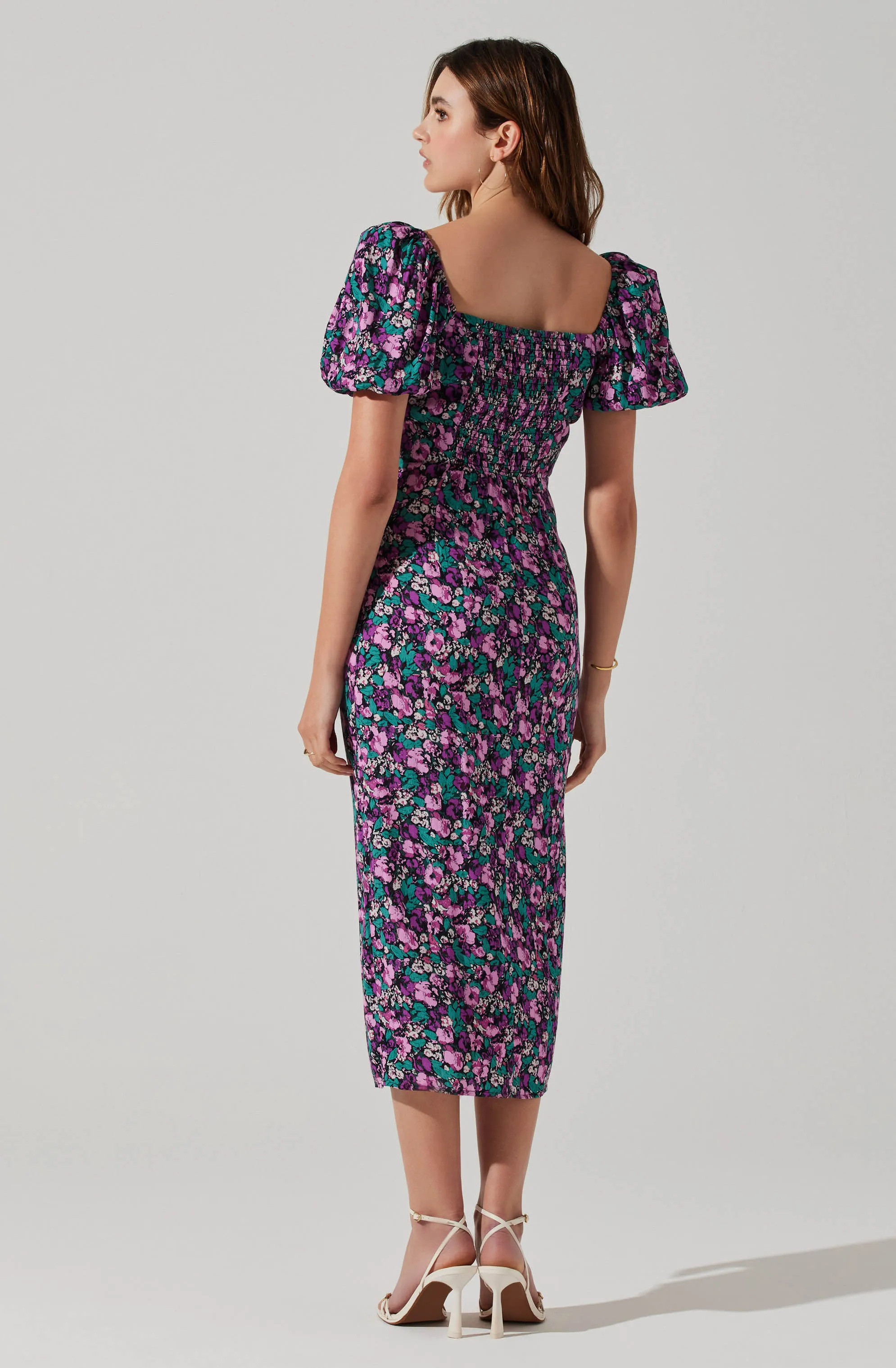 Floral Square Neck Slit Front Midi Dress