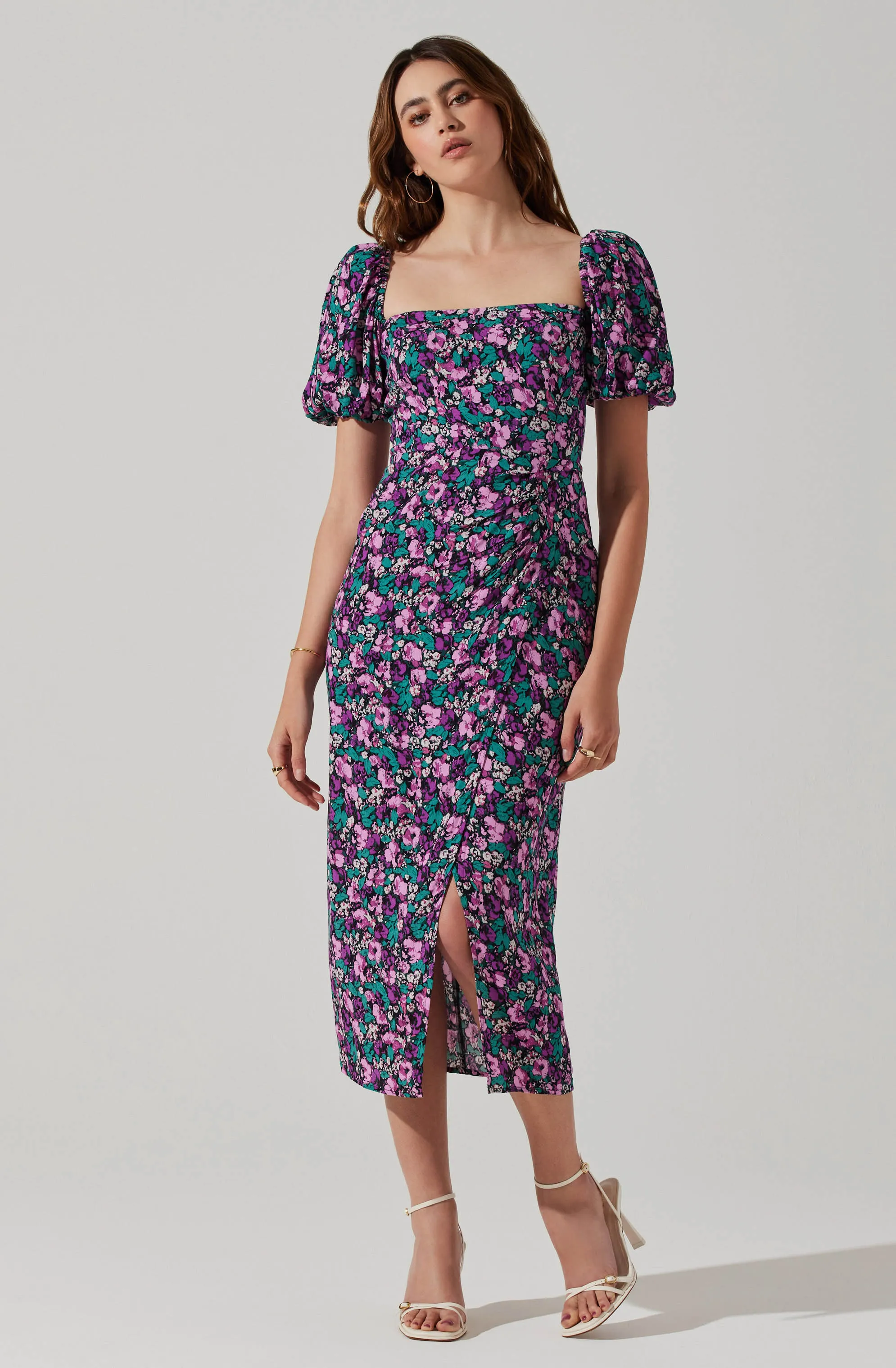 Floral Square Neck Slit Front Midi Dress