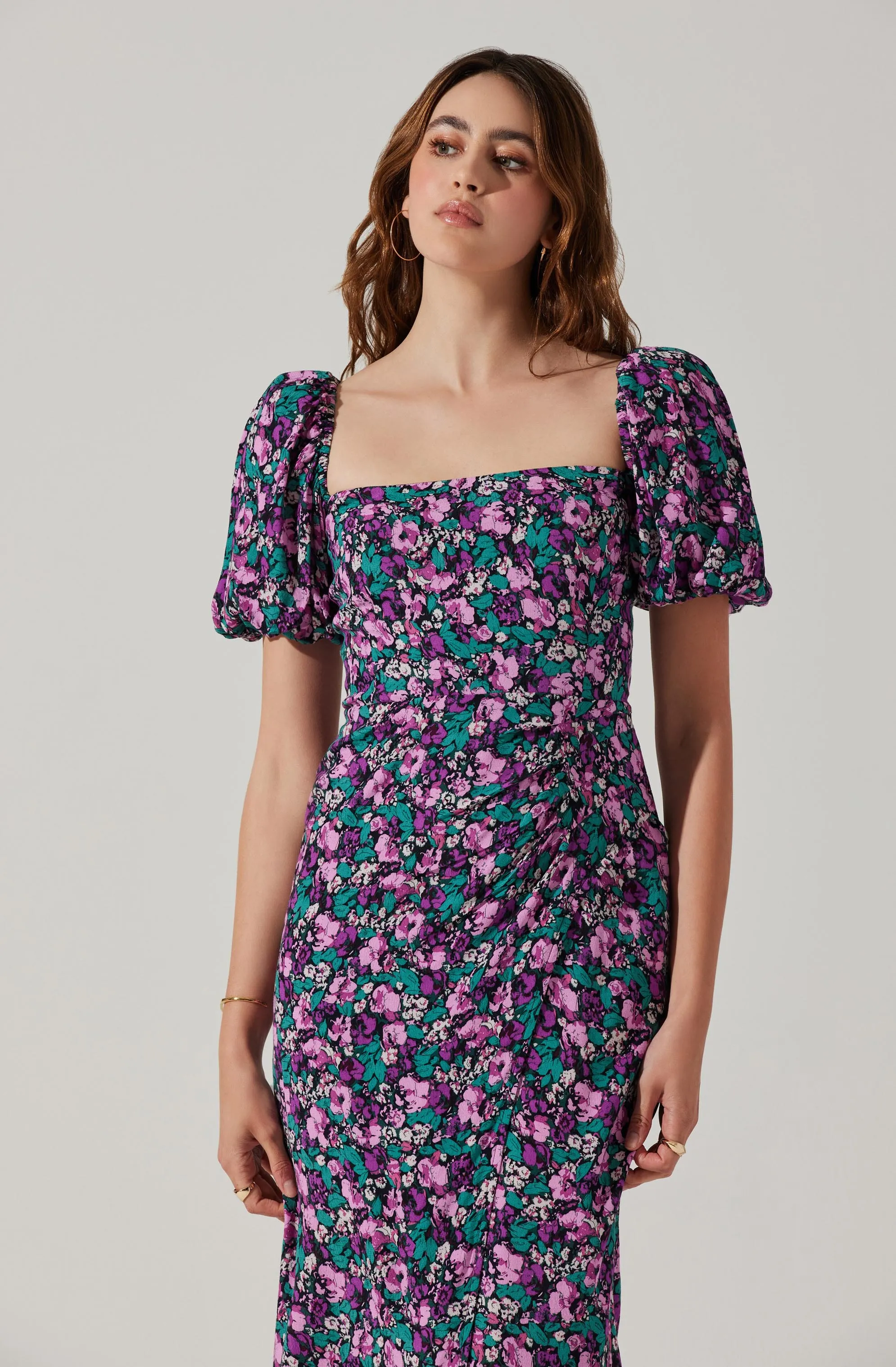 Floral Square Neck Slit Front Midi Dress