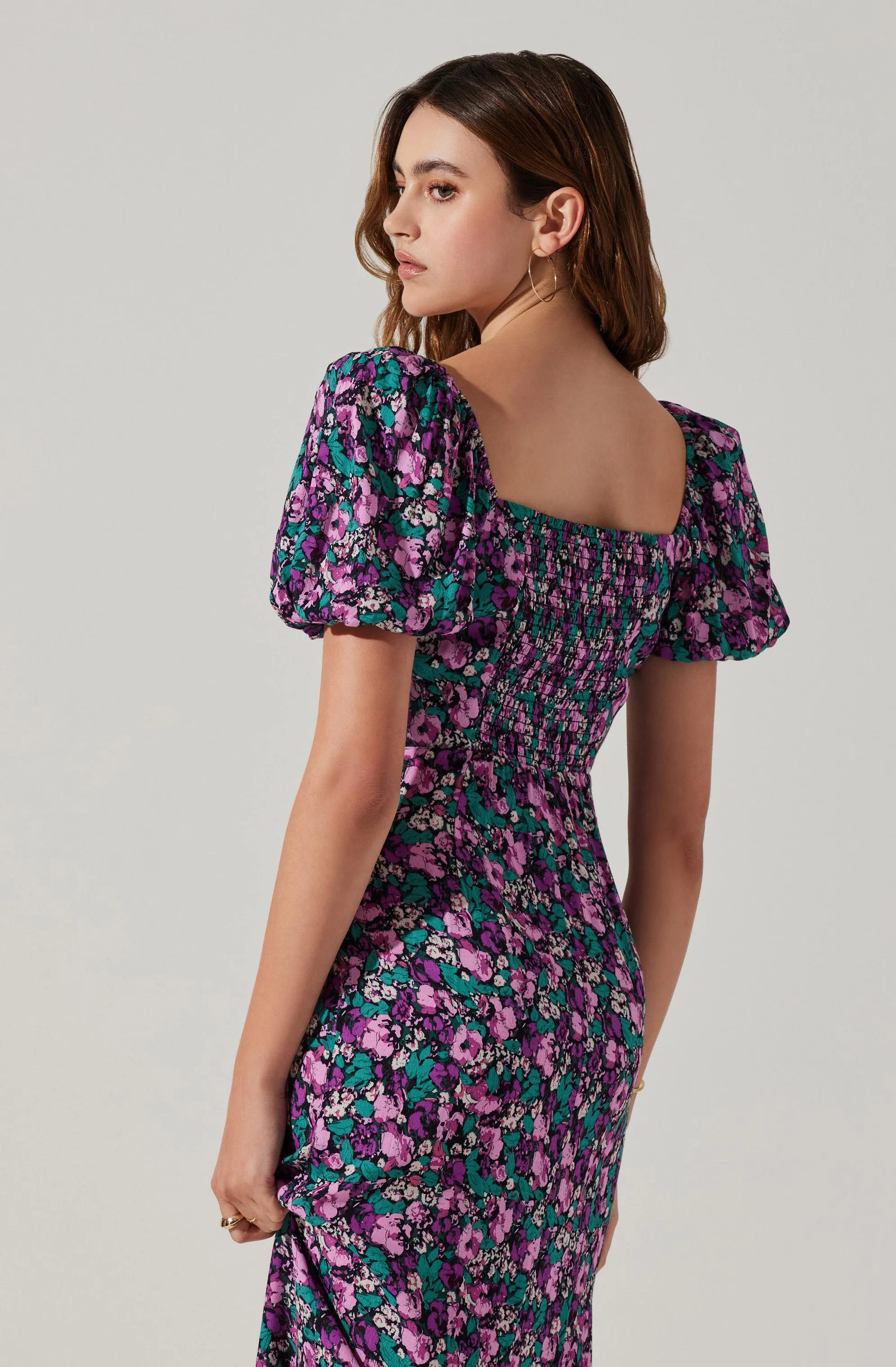 Floral Square Neck Slit Front Midi Dress