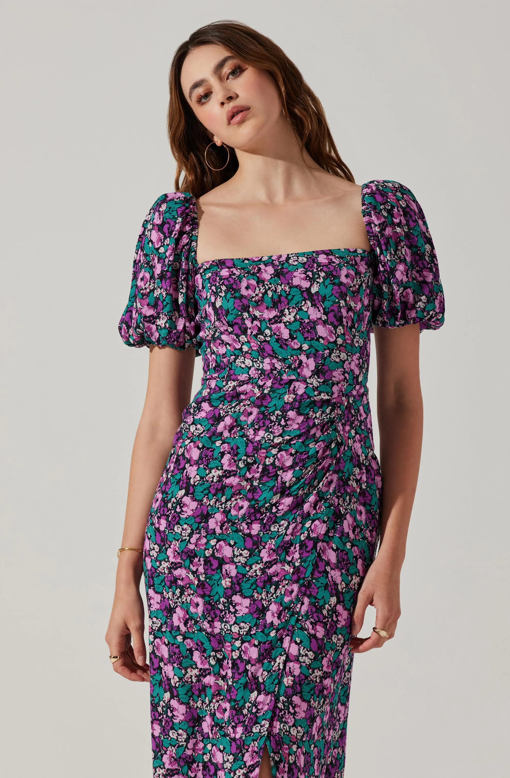 Floral Square Neck Slit Front Midi Dress
