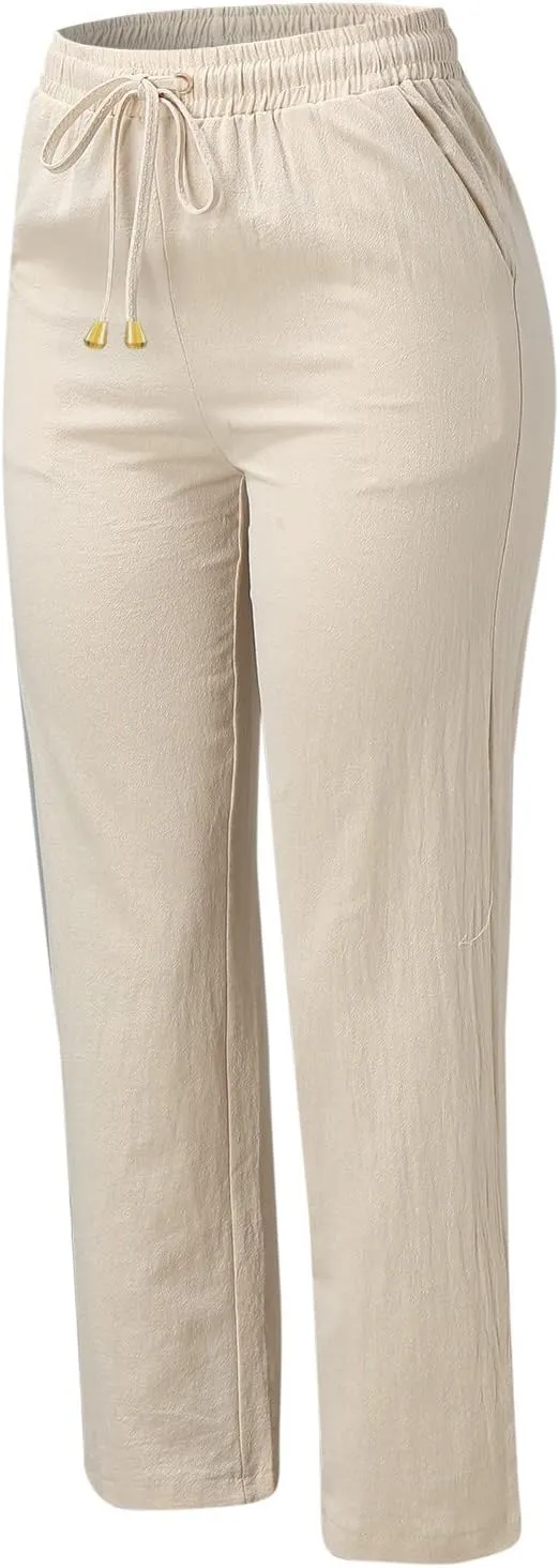 Flowy Pants for Women Elastic Waist Lightweight Wide Leg Trousers Linen Blend Casual Summer Beachwear