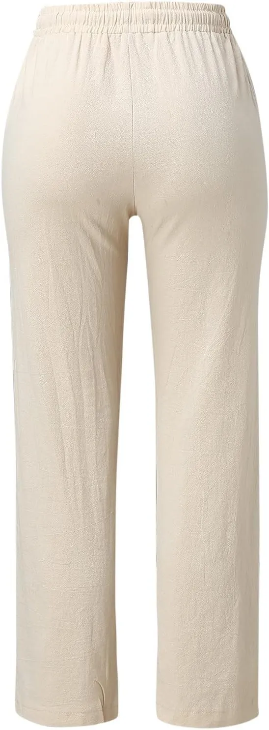 Flowy Pants for Women Elastic Waist Lightweight Wide Leg Trousers Linen Blend Casual Summer Beachwear