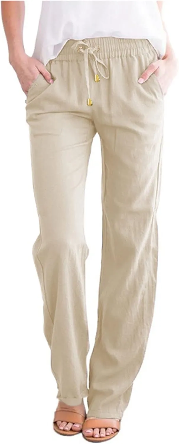 Flowy Pants for Women Elastic Waist Lightweight Wide Leg Trousers Linen Blend Casual Summer Beachwear