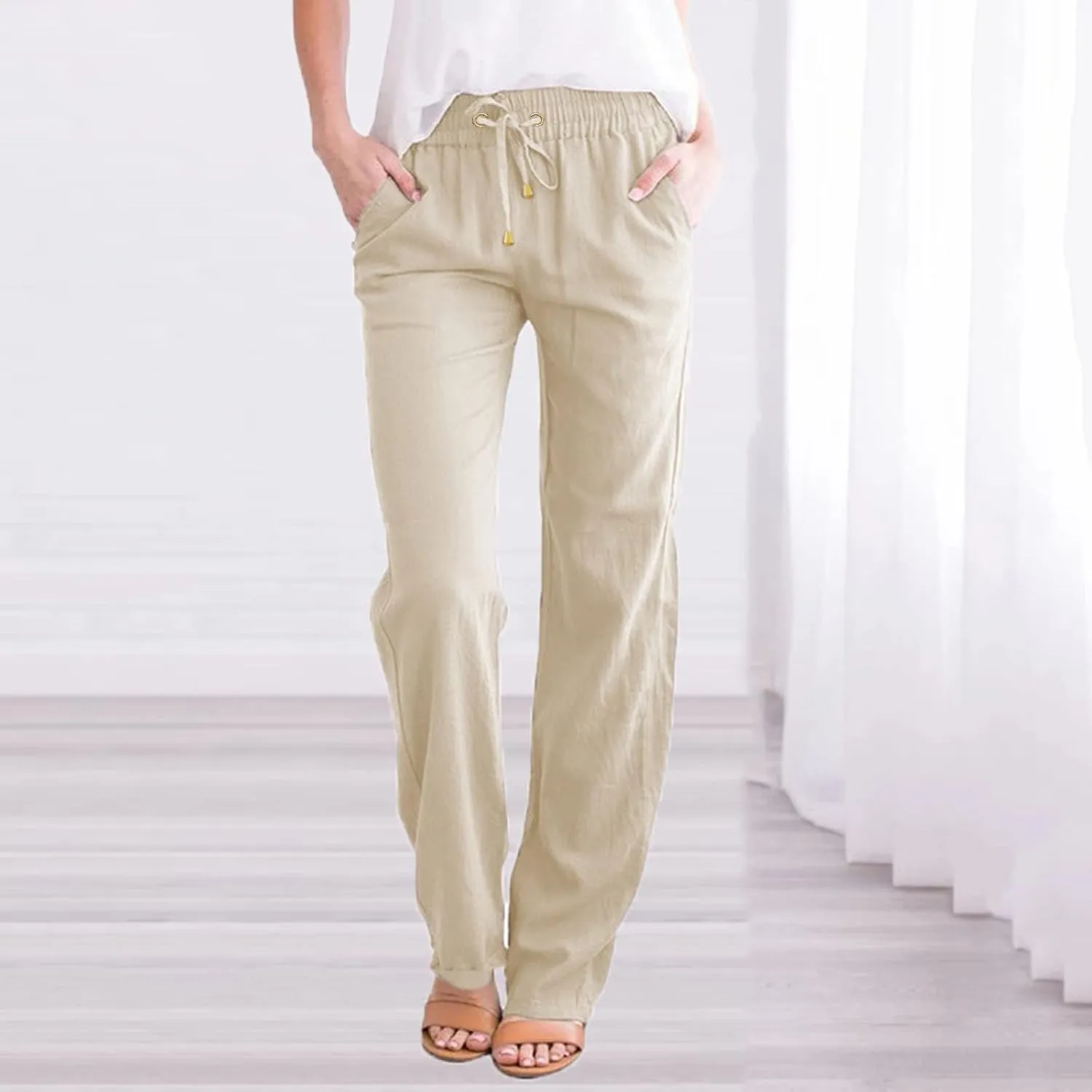 Flowy Pants for Women Elastic Waist Lightweight Wide Leg Trousers Linen Blend Casual Summer Beachwear