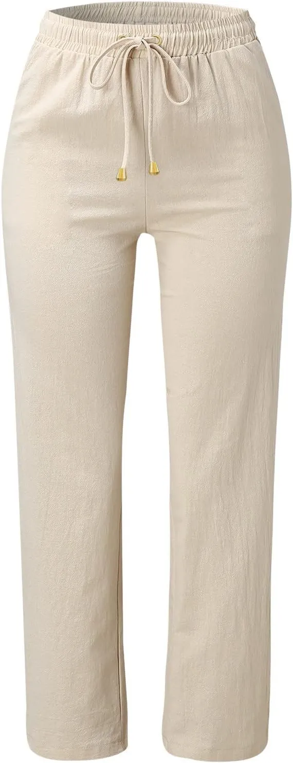 Flowy Pants for Women Elastic Waist Lightweight Wide Leg Trousers Linen Blend Casual Summer Beachwear