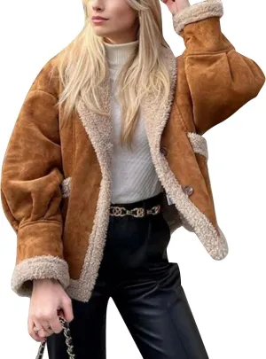 Flygo Women's Winter Faux Suede Jacket Sherpa Lined Jacket Button Down Lapel Fleece Jacket Winter Coats with Pockets(Camel-Medium)