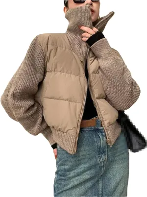 Fnfmrfmr Women Winter Warm Parka Jacket Patchwork Knitted Full Zip Cotton Padded Coat Outwear