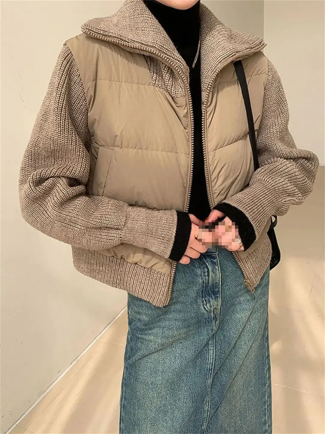 Fnfmrfmr Women Winter Warm Parka Jacket Patchwork Knitted Full Zip Cotton Padded Coat Outwear