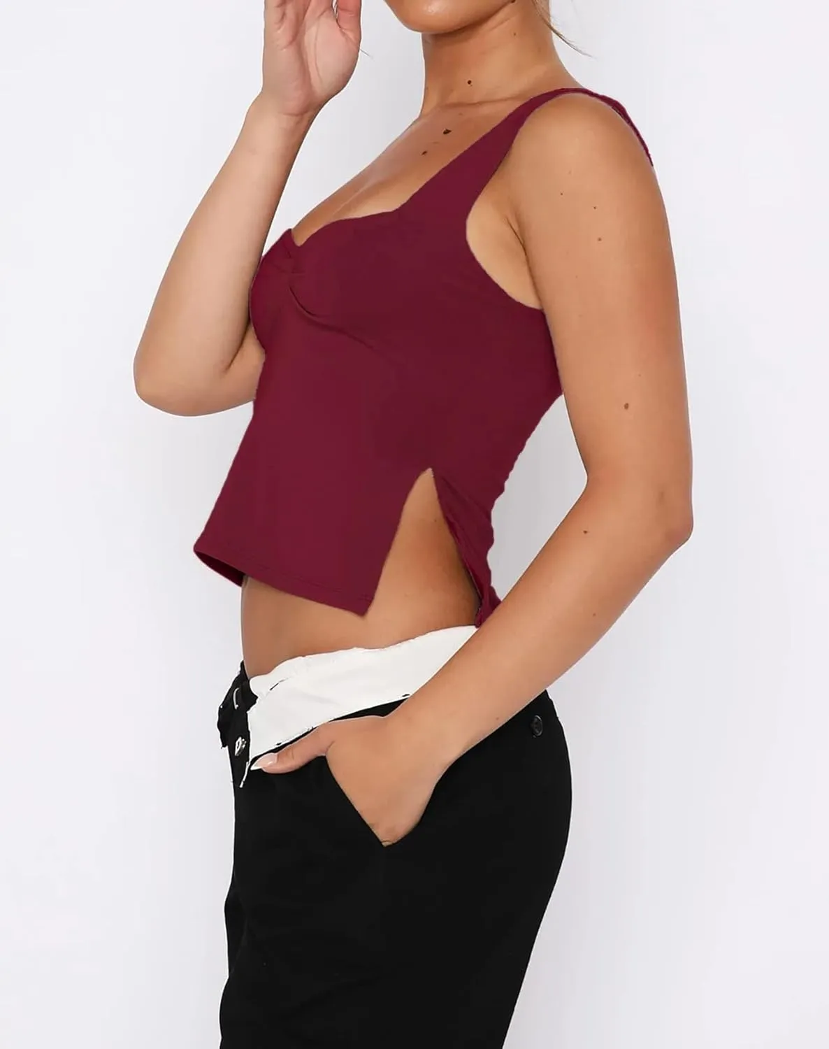 ForeFair Women Sleeveless Backless Crop Tank Top Summer Going Out Outfits Cute Pleated Sweetheart Neck Strappy Y2K Slits Tops