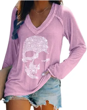 Fronage Womens Rhinestone Skull Tank Tops Long Short Sleeve Summer V Neck Sleeveless Shirts
