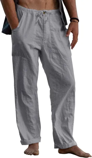 Gafeng Mens Linen Pants Yoga Beach Loose Fit Casual Summer Elastic Waist Drawstring Baggy Trousers with Pockets