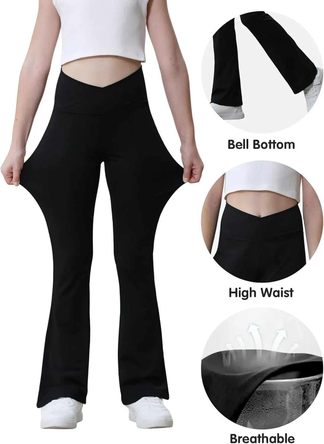 Girls Flare Leggings Cross High Waist Bootcut Yoga Pants Solid Athletic Bell Bottoms for Kids Teen, Soft and Breathable