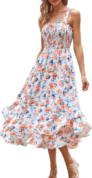 GRACE KARIN Women's 2025 Summer Floral Boho Dress Square Neck Strapped Swing A Line Sundress Beach Long Maxi Outfits