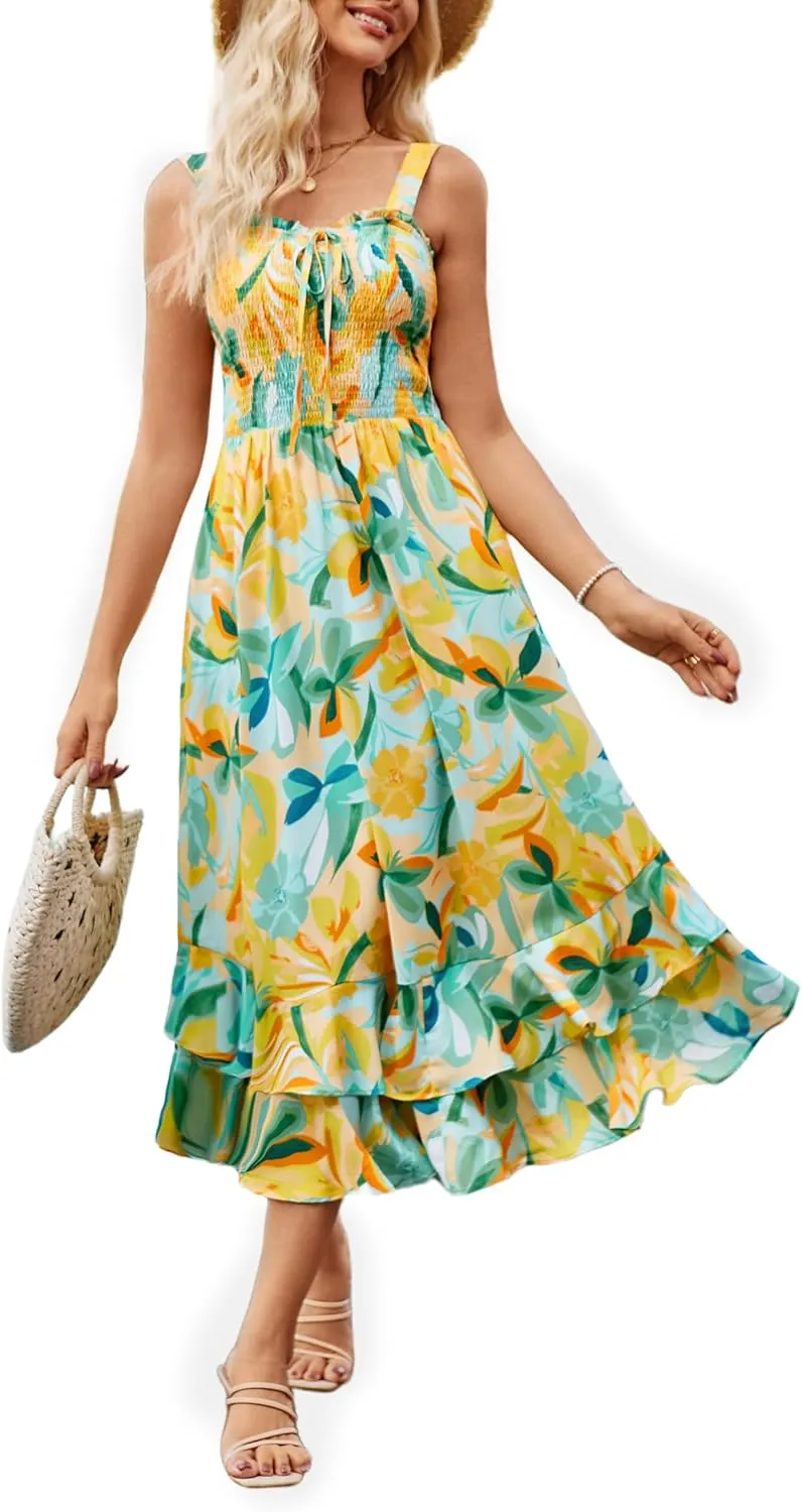 GRACE KARIN Women's 2025 Summer Floral Boho Dress Square Neck Strapped Swing A Line Sundress Beach Long Maxi Outfits