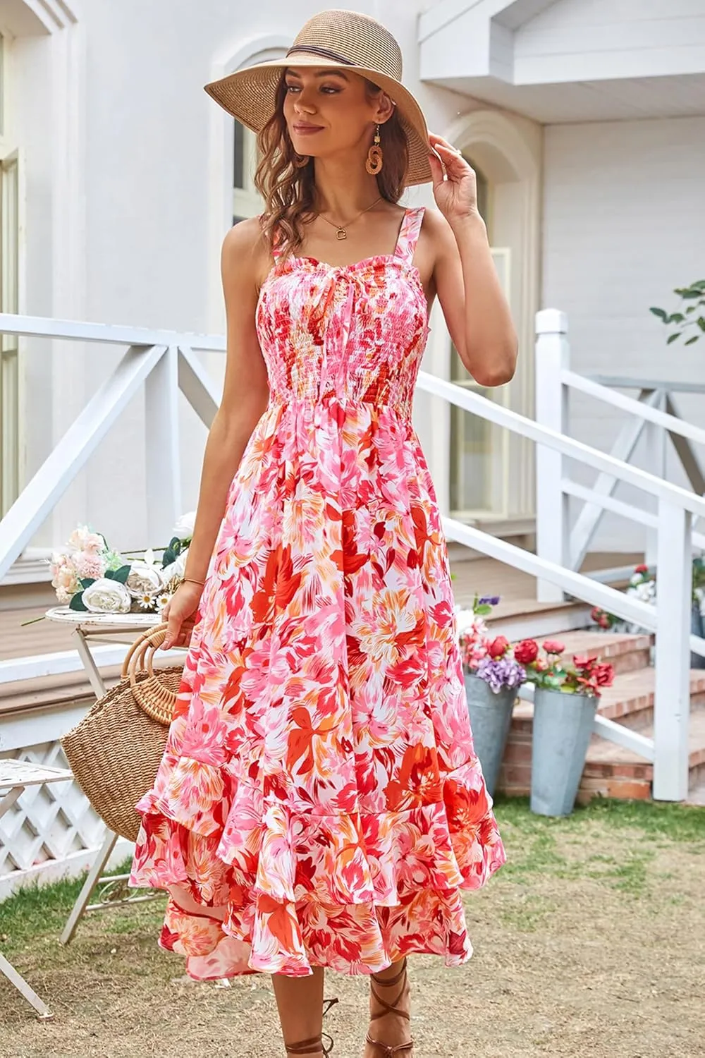 GRACE KARIN Women's 2025 Summer Floral Boho Dress Square Neck Strapped Swing A Line Sundress Beach Long Maxi Outfits