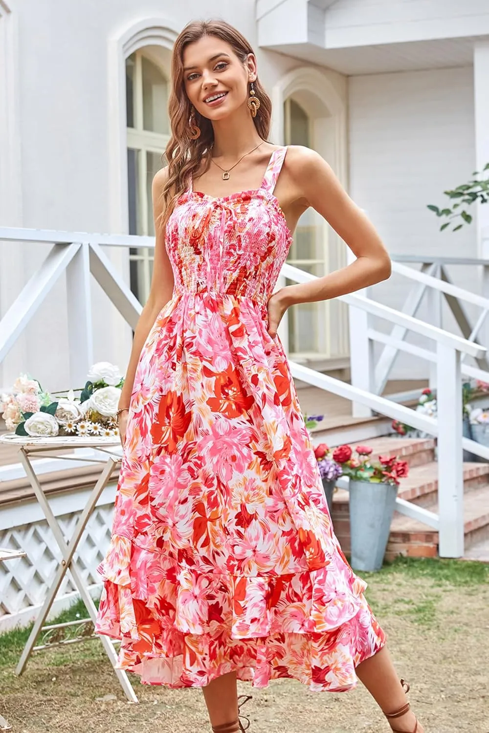 GRACE KARIN Women's 2025 Summer Floral Boho Dress Square Neck Strapped Swing A Line Sundress Beach Long Maxi Outfits