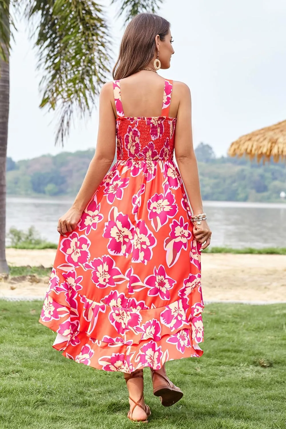 GRACE KARIN Women's 2025 Summer Floral Boho Dress Square Neck Strapped Swing A Line Sundress Beach Long Maxi Outfits