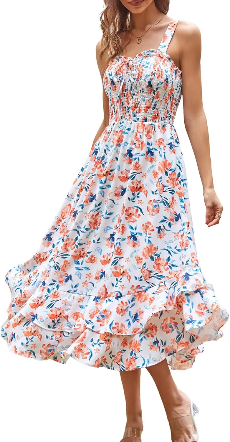 GRACE KARIN Women's 2025 Summer Floral Boho Dress Square Neck Strapped Swing A Line Sundress Beach Long Maxi Outfits