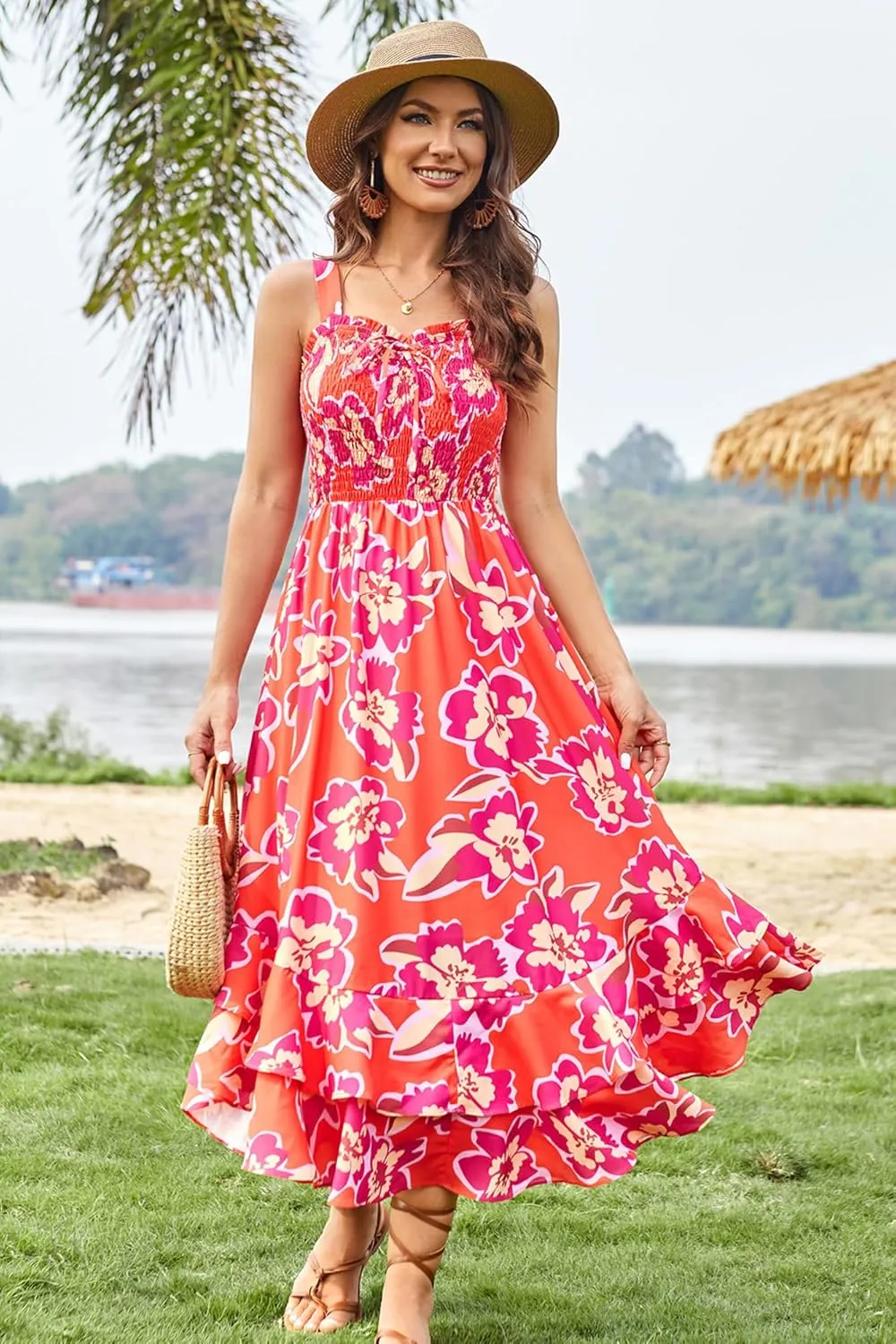 GRACE KARIN Women's 2025 Summer Floral Boho Dress Square Neck Strapped Swing A Line Sundress Beach Long Maxi Outfits